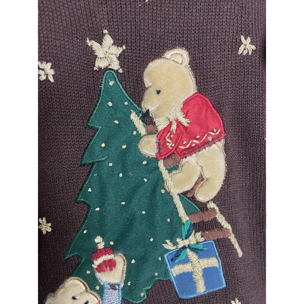 Vtg Nutcracker Brown Embroidered Ugly Christmas Tree Bear Sweater Women's LARGE - Picture 5 of 12